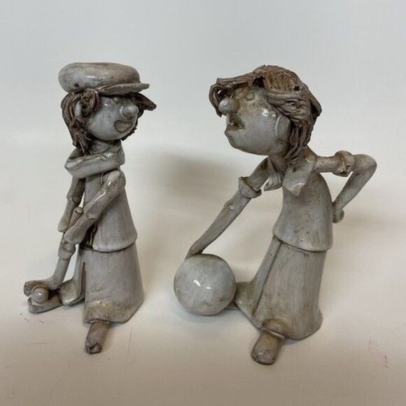 VTG Dino Bencini Lot Of 2 Pottery Sculpture Figurine Bowler Spaghetti Hair 4.5" - Picture 1 of 14